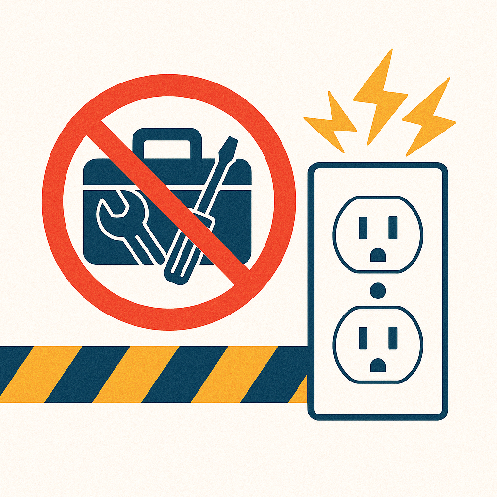 Safety warning illustration with electrical outlet and no DIY symbol