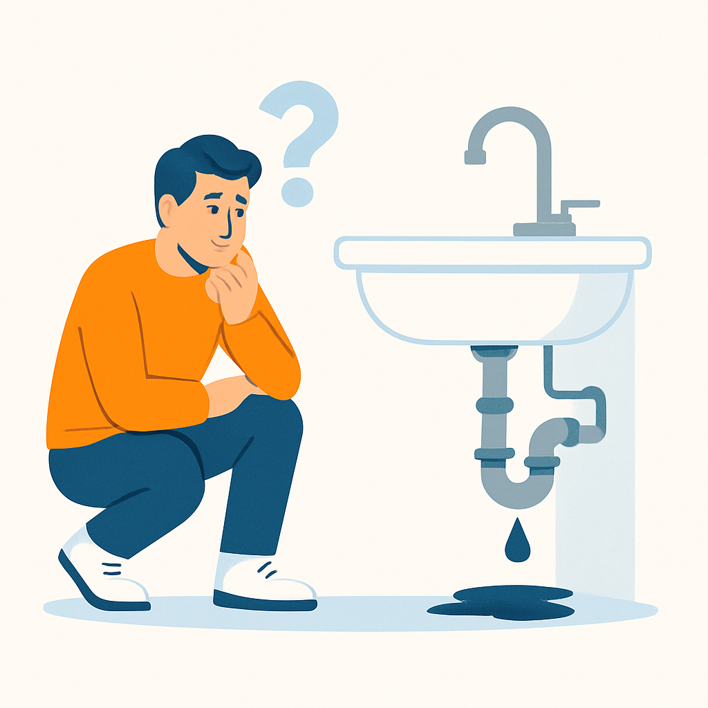 Illustration of a confused homeowner looking at a leaking sink pipe