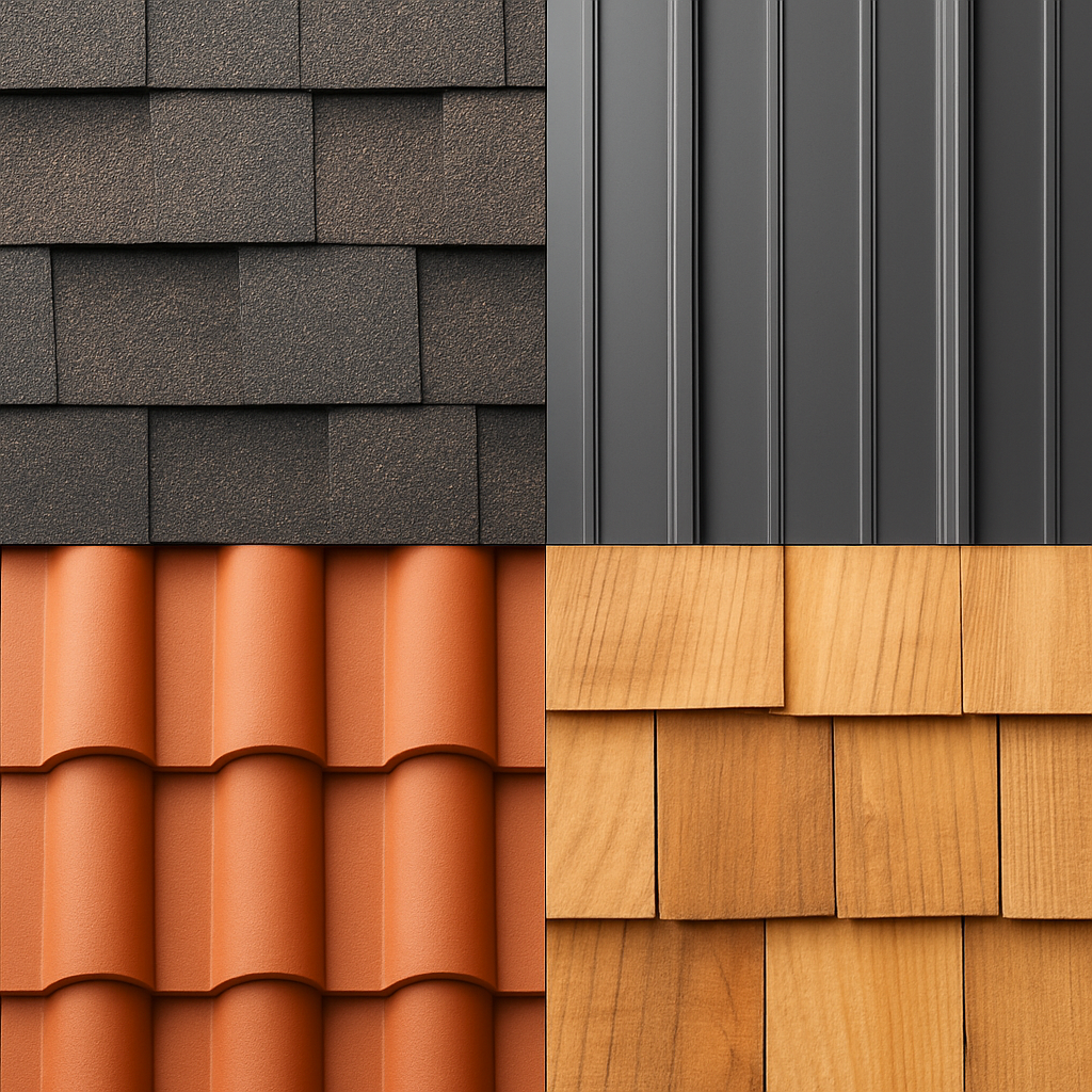 Grid showing different roofing material samples including shingles, metal, clay tiles, and wood